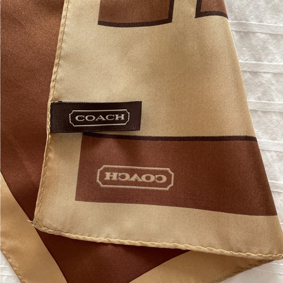 Coach silk scarf. Tan and brown logo print. Great condition. - Picture 2 of 8